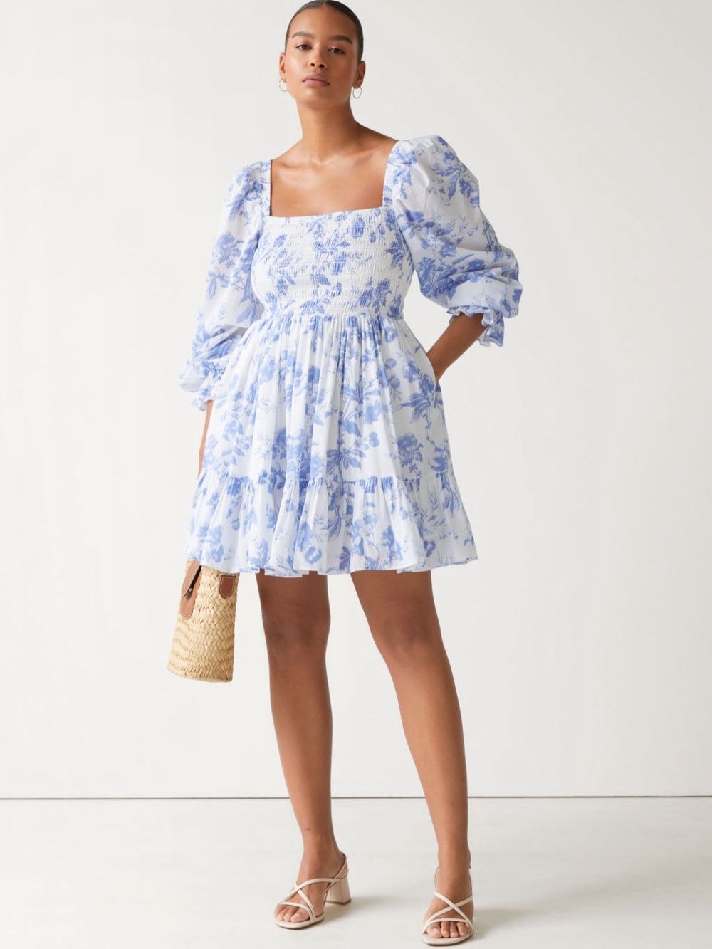 &otherStories Blue & White Floral Puff-Sleeve Mini Dress
